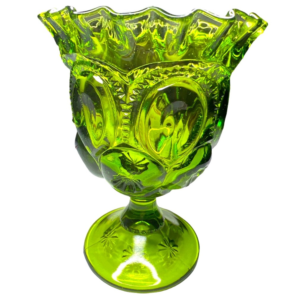 L.E. Smith Moon & Stars Footed Compote ruffled edge Green